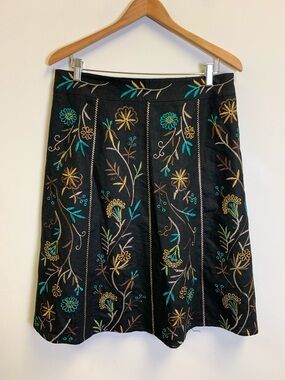 SilkLand Black A-Line Skirt with Teal and Gold Floral Embroidery
